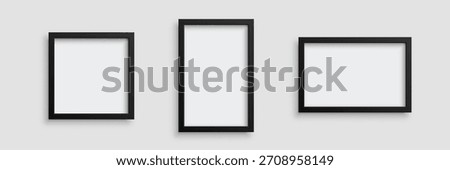 Black photo frames. Certificate or picture minimalist frames of rectangular and square shapes isolated on light . Empty gallery mockup. 3d realistic vector illustration.