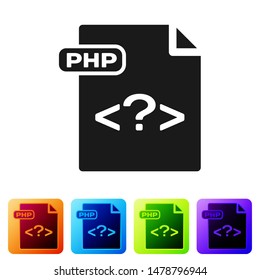 Black PHP file document. Download php button icon isolated on white background. PHP file symbol. Set icons in color square buttons. Vector Illustration