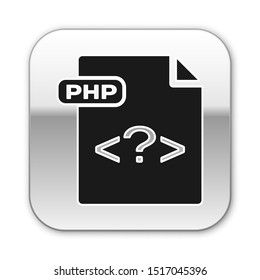 Black PHP file document. Download php button icon isolated on white background. PHP file symbol. Silver square button. Vector Illustration