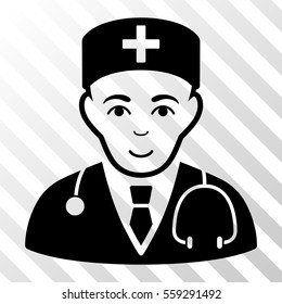 Black Physician toolbar pictogram. Vector pictograph style is a flat symbol on diagonally hatched transparent background.
