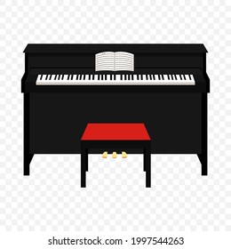 Black piano with notes isolated on the transparent background. Classical piano with black stool. Vector illustration, flat design