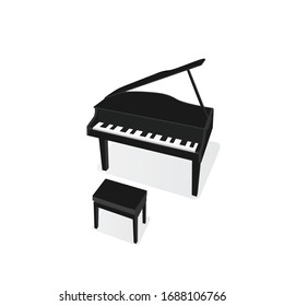 Black piano and stool on white background. Classical piano musical instrument. cartoon style. Vector icon illustration	