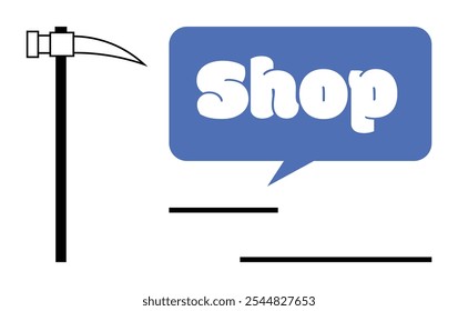 Picareta preta e bolha de fala azul contendo Shop, linhas pretas abaixo. Ideal para comércio eletrônico, varejo, compras on-line, marcas, marketing. Minimalista, arte vetorial, limpo