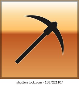 Black Pickaxe icon isolated on gold background. Blockchain technology, cryptocurrency mining, bitcoin, digital money market, cryptocoin wallet. Vector Illustration