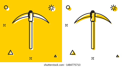 Black Pickaxe icon isolated on yellow and white background. Blockchain technology, cryptocurrency mining, bitcoin, digital money market, cryptocoin wallet. Random dynamic shapes. Vector Illustration