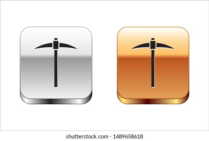 Black Pickaxe icon isolated on white background. Blockchain technology, cryptocurrency mining, bitcoin, digital money market, cryptocoin wallet. Silver-gold square button. Vector Illustration