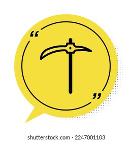 Black Pickaxe icon isolated on white background. Yellow speech bubble symbol. Vector