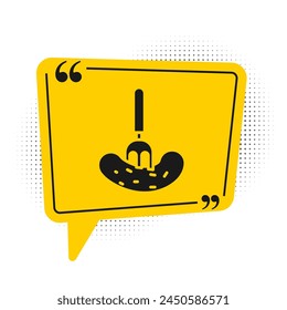Black Pickled cucumber on a fork icon isolated on white background. Yellow speech bubble symbol. Vector Illustration