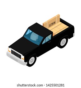 Black pickup truck deliver cardboard boxes isolated on white background isometric view