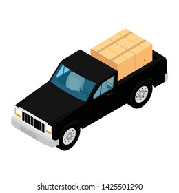 Black pickup truck deliver cardboard boxes isolated on white background isometric view