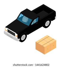 Black pickup truck deliver cardboard boxes isolated on white background isometric view
