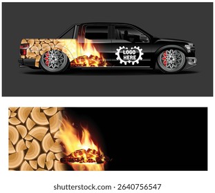 Black pickup truck with a fiery wood design wrap, perfect for automotive, branding, and design projects.