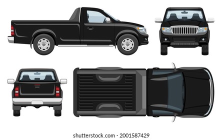 Black pickup truck vector template with simple colors without gradients and effects. View from side, front, back, and top