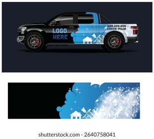 Black pickup truck wrap design template with cleaning service theme. Perfect for a cleaning business.