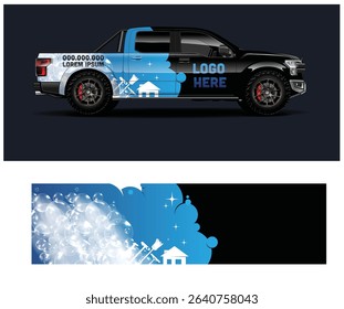 Black pickup truck wrap design template with cleaning service theme. Blue and white design with bubbles and cleaning tools.