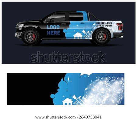 Black pickup truck wrap design template with cleaning service theme. Perfect for a cleaning business.