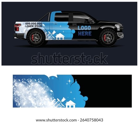 Black pickup truck wrap design template with cleaning service theme. Blue and white design with bubbles and cleaning tools.