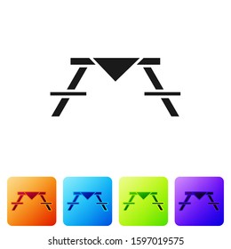 Black Picnic table with benches on either side of the table icon isolated on white background. Set icons in color square buttons. Vector Illustration