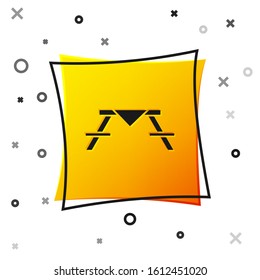 Black Picnic table with benches on either side of the table icon isolated on white background. Yellow square button. Vector Illustration