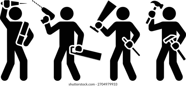 Schwarze Piktogramm-Figuren mit Werkzeugen Bohrer, Handsäge, Hammer, Tischlerei und Bau Icons.eps
