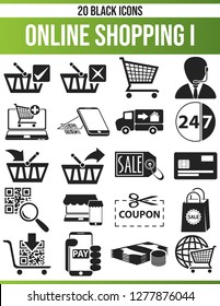 Black pictograms / icons about online shop. This icon set is perfect for creative people and designers who need the theme of shopping in their graphic designs.
