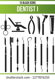 Black pictograms / icons on dentist. This icon set is perfect for creative people and designers who need the subject dentist in their graphic designs.
