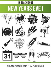 Black pictograms / icons on New Year. This icon set is perfect for creative people and designers who need the theme of New Year in their graphic designs.
