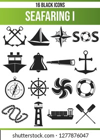 Black pictograms / icons on seafaring. This icon set is perfect for creative people and designers who need the nautical theme in their graphic designs.
