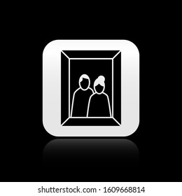Black Picture frame on table icon isolated on black background. Valentines Day symbol. Silver square button. Vector Illustration