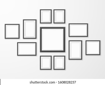 Black picture frames. Realistic empty image frame in different size and shape. Mockups for museum gallery, photo hanging wood borders with shadow vector set