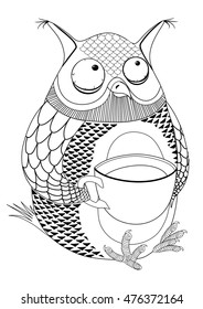 black picture of an owl, drinking coffee. tattoo. vector image