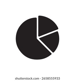 Ícone de gráfico de pizza preto isolado em plano de fundo branco, representando dados e análises. O gráfico é dividido em três seções, perfeitas para ilustrar estatísticas.