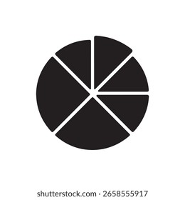 Black pie chart icon with seven slices on a white background in vector format. This image represents data analysis, statistics, and proportions.