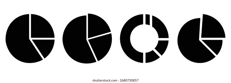 Black pie chart icons set for business and data visualization. Perfect for reports, infographics, finance, marketing analysis, presentations, and modern infographic design in vector format.