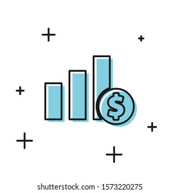 Black Pie chart infographic and dollar symbol icon isolated on white background. Diagram chart sign.  Vector Illustration