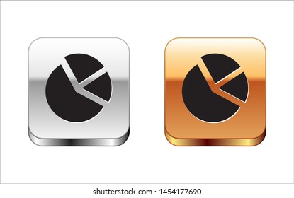 Black Pie chart infographic icon isolated on white background. Diagram chart sign. Silver-gold square button. Vector Illustration