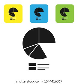 Black Pie chart infographic icon isolated on white background. Diagram chart sign. Set of colorful square icon buttons. Vector Illustration