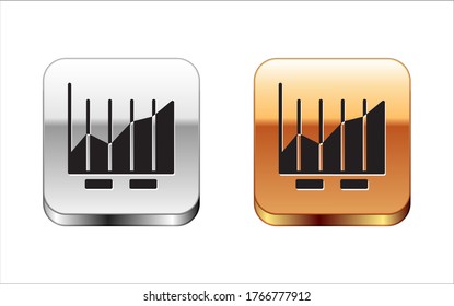 Black Pie chart infographic icon isolated on white background. Diagram chart sign. Silver-gold square button. Vector Illustration