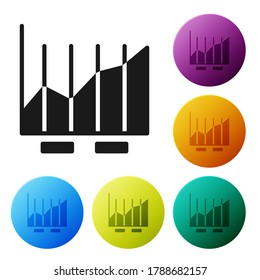 Icono de la infografía de la gráfica de color negro aislado en fondo blanco. Signo de diagrama de diagrama. Establezca los iconos en los botones de círculo de color. Ilustración vectorial