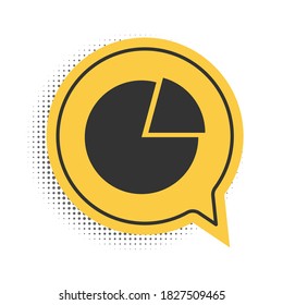 Icono de la infografía de la gráfica de color negro aislado en fondo blanco. Signo de gráfica de presentación. Signo de diagrama de diagrama. Símbolo de análisis de mercado. Símbolo amarillo de burbuja de habla. Vector.