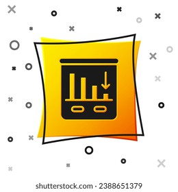 Black Pie chart infographic icon isolated on white background. Diagram chart sign. World finance crisis. Yellow square button. Vector