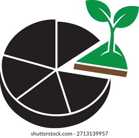 A black pie chart with white dividing lines has one segment replaced by green soil and a growing green sprout.