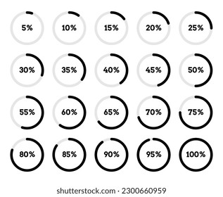 Black pie charts  from 5 to 100. Loading circles. percentage circles. Vector 