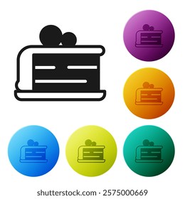 Black Piece of cake icon isolated on white background. Happy Birthday. Set icons in color circle buttons. Vector