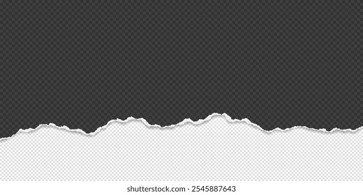 El pedazo de papel negro con el borde desgarrado y la sombra suave están en fondo transparente para el texto o el anuncio. Ilustración vectorial.