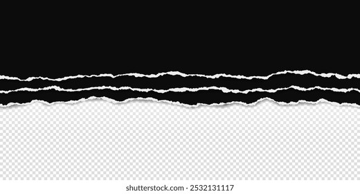 Black piece of paper with torn edges and soft shadow are on transparent background for text or ad.