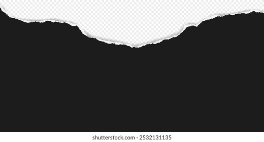 Black piece of paper with torn edges and soft shadow are on transparent background for text or ad.