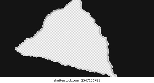 Black piece of paper with torn edges and soft shadow are on transparent background for text or ad. Vector illustration.
