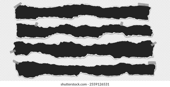 Black piece of paper with torn edges and soft shadow are on grey background for text or ad.