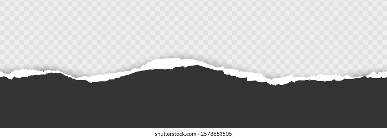 Black piece of paper with torn edges and soft shadow. Blank mockup for text or message on transparent. Vector seamless illustration for presentation, advertising, website, banner layout